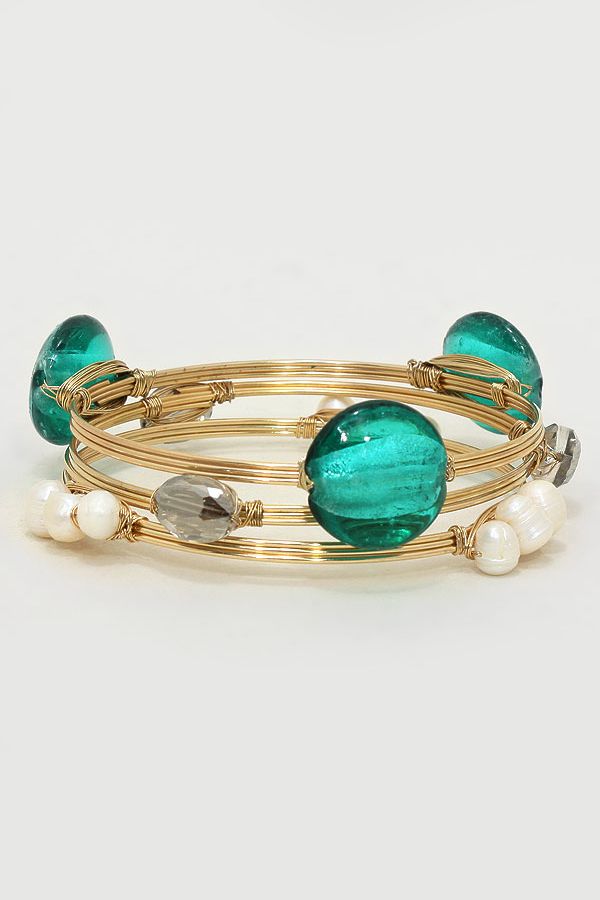 Emerald Glass, Freshwater Pearls and Black Diamond Crystals Bracelet