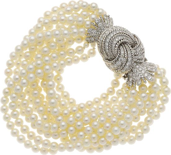 Estate Jewelry:Bracelets, Diamond, Cultured Pearl, Gold Bracelet. ...