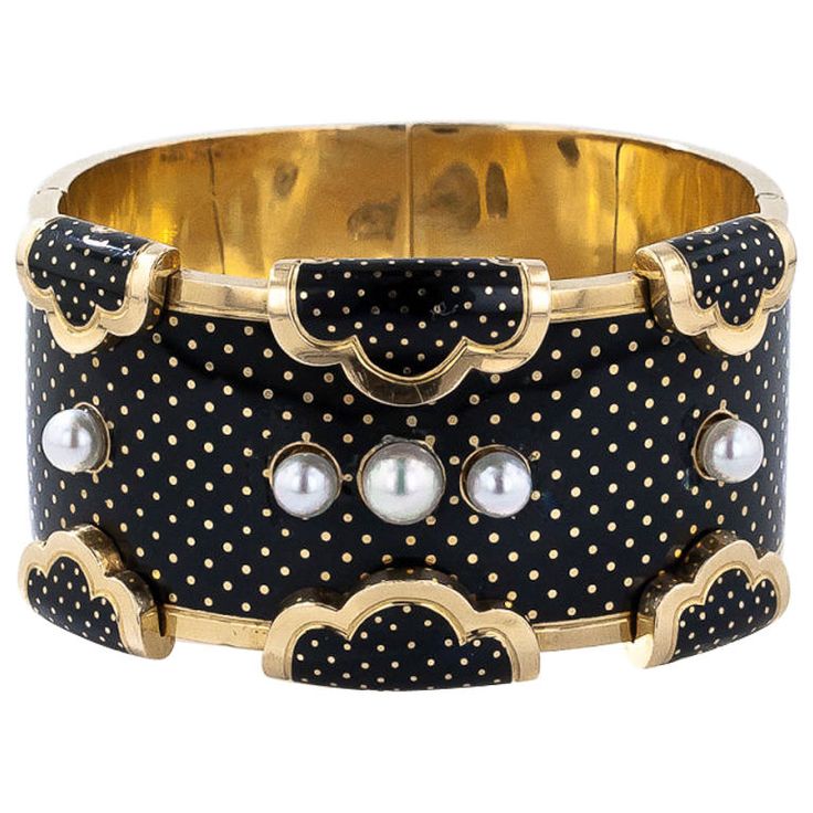 French Polka-Dot Enamel Hinged Bracelet | From a unique collection of vintage ba...