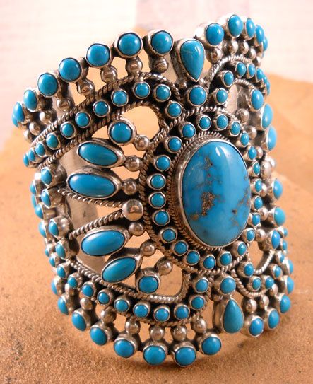 Sterling Silver open work filigree bracelet set with Sleeping Beauty Turquoise b...