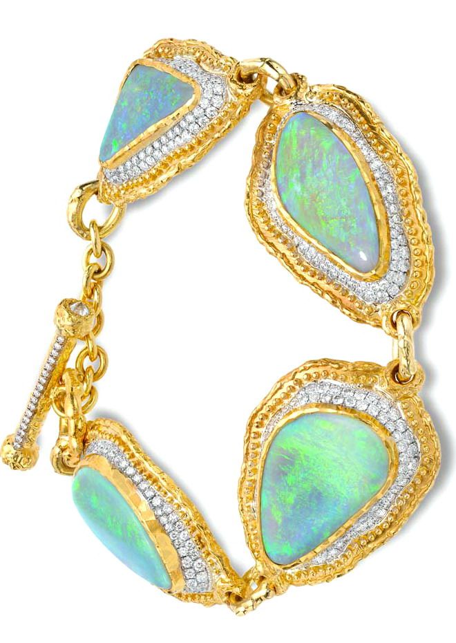 Victor Velyan white and yellow gold bracelet with black opals and diamonds.