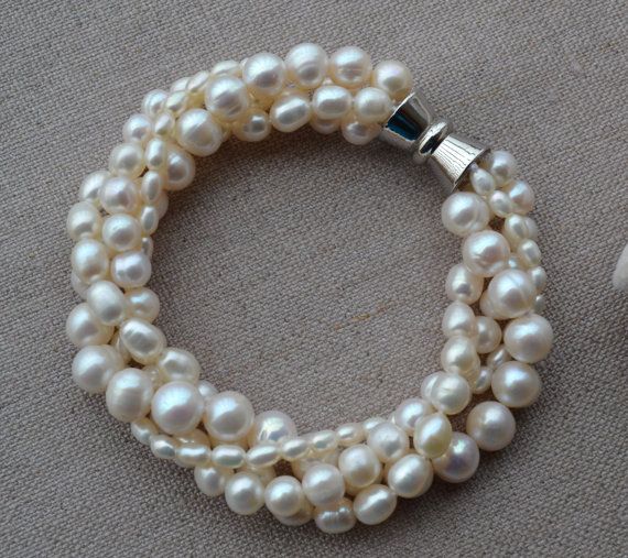 pearl bracelet,4 Rows 7.5 inches 3-8mm ivory Freshwater Pearl Bracelet,Pearl Jew...
