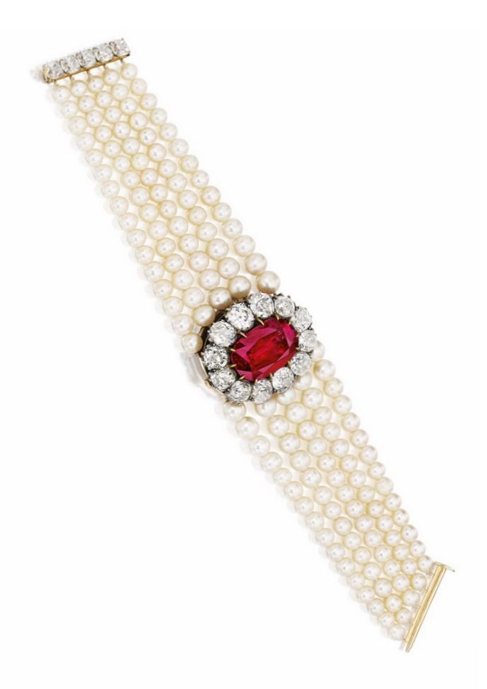 Impressive and Rare Ruby, Diamond and Natural Pearl Bracelet:  Centring on an an...