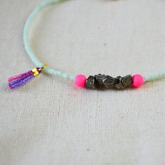 Mint Green, Neon Pink and Pyrite Chip Beads Summer Bracelet with Tassel and Feat...