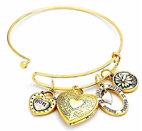 Mom Locket Bangle Bracelet Heart Charms Gold Tone Recycle... www.amazon.com/...
