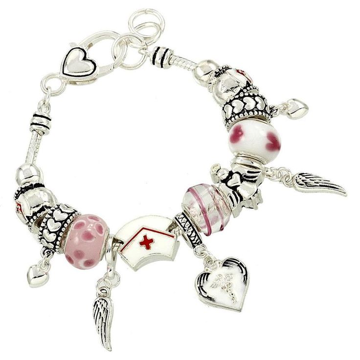 Nurse Charm Bracelet BE Pink Murano Glass Beads Red Cross Wing Heart Medical New...