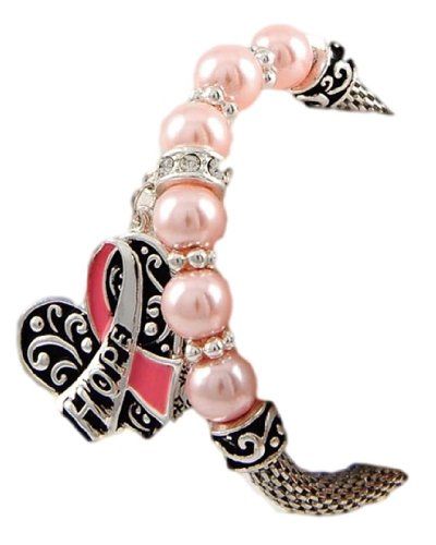 Pink Ribbon Bracelet C48 Stretch Heart Hope Crystal Faux ... www.amazon.com/...