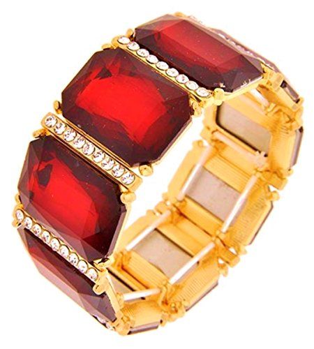 Red Stretch Bracelet Z9 Clear Crystal Emerald Cut Glass Stones Gold Tone Recycle...