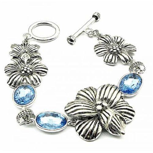 Textured Flower Bracelet Blue Crystal CST Silver Tone Rec... www.amazon.com/...