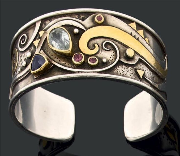 Cuff bracelet | Linda Ladurner. Silver, gold, and various stones