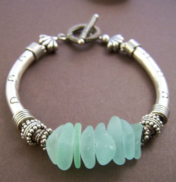Mermaid Bracelet - Sea Glass with Sterling Silver Tube Bracelet