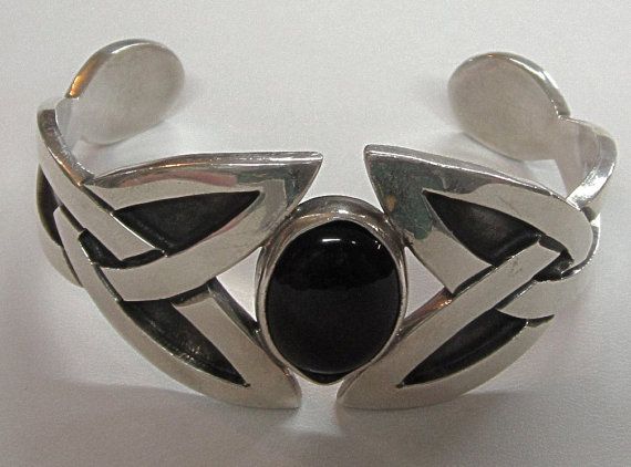 Sterling Silver Onyx Cuff Bracelet From Mexico Modernist Design