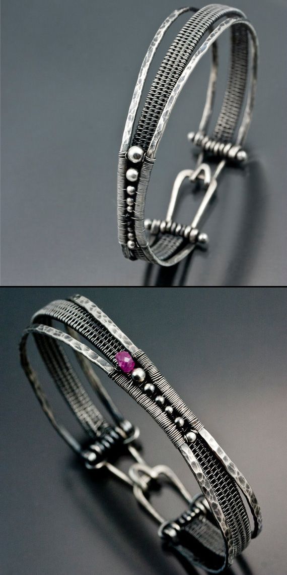 Woven Orbit Bracelet - Added to the woven band are 2 hammered wires woven togeth...