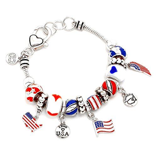 USA Charm Bracelet Z8 Red White Blue Murano Glass Beads A…