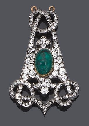 A 19th century emerald and diamond brooch/pendant. The central collet-set oval c...