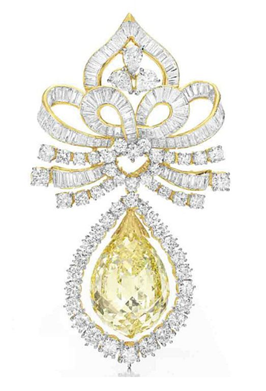 A COLORED DIAMOND BROOCH   Suspending a fancy yellow briolette-cut diamond, weig...