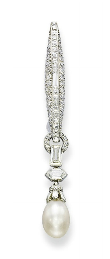 AN ART DECO PEARL AND DIAMOND BAR BROOCH, BY CARTIER   Suspending a drop-shaped ...