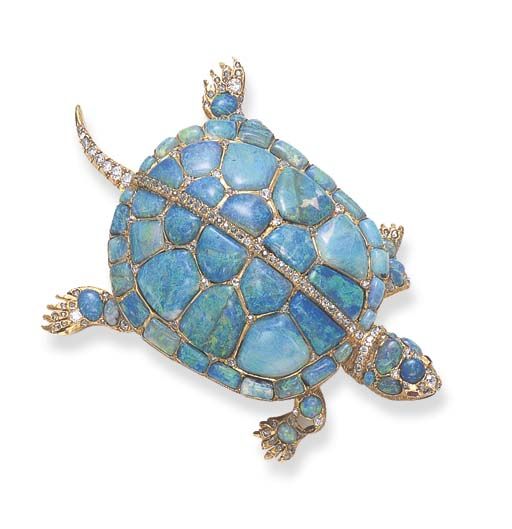 A RARE ANTIQUE OPAL, DIAMOND AND RUBY TURTLE BROOCH  Realistically designed as a...