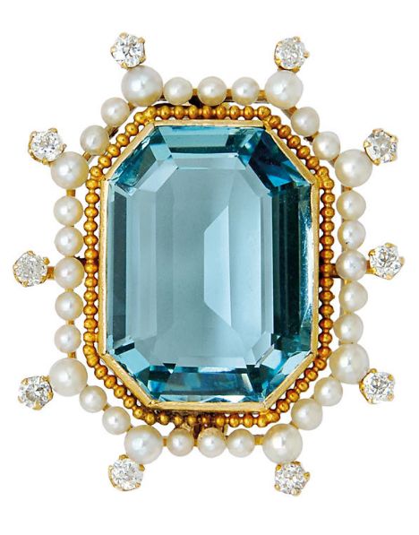 An Antique Aquamarine, Pearl and Diamond Brooch, circa 1900 Centering an emerald...