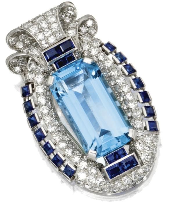 Aquamarine, sapphire and diamond brooch, Cartier, Circa 1935.