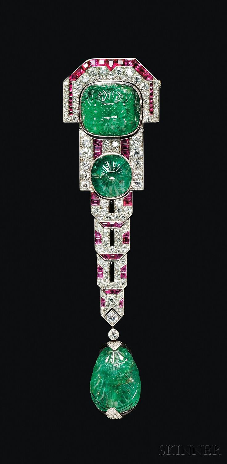 Art Deco Carved Emerald, Ruby, and Diamond Pendant Brooch, Chaumet, Paris. Deidr...
