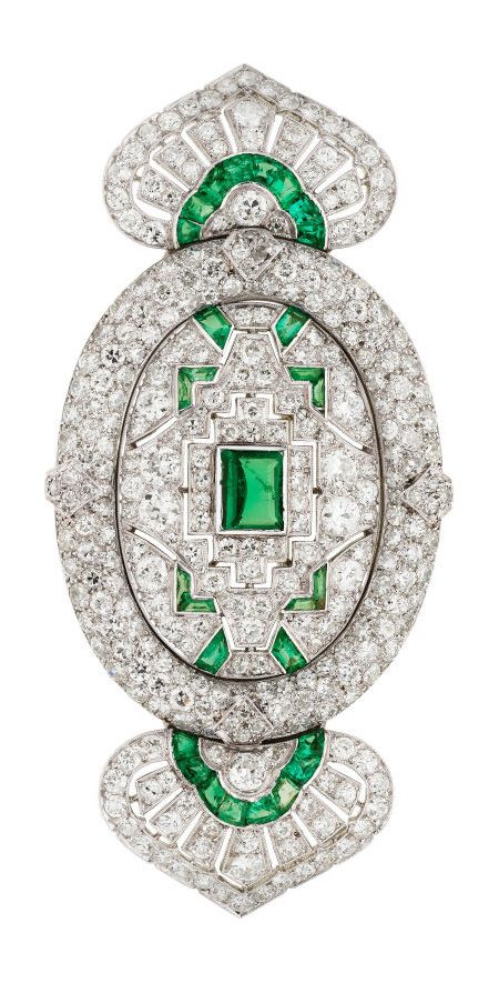 Art Deco Diamond, Emerald, Platinum Brooch, Lacloche Frères The brooch features...