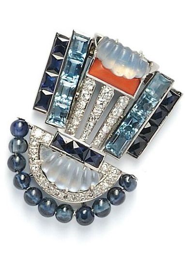 Art Deco Platinum, Moonstone, Sapphire, Aquamarine, Coral & Diamond Clip Brooch,...