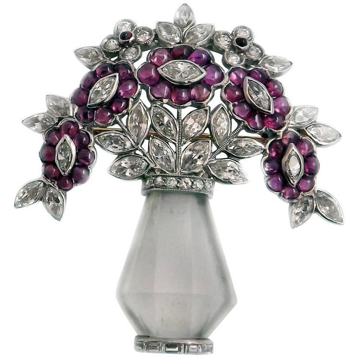 Art Deco Rock Crystal Ruby Diamond Platinum Brooch. Art Deco platinum, cabochon ...