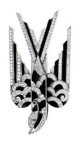 Black enamel Deco style swallow brooch with diamonds
