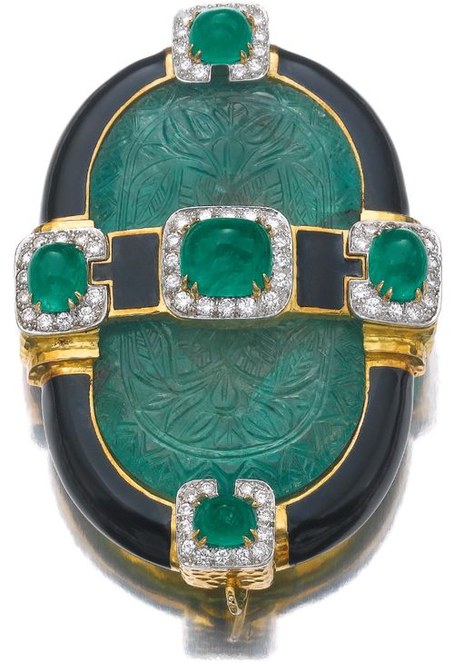 Emerald, enamel, and diamond brooch/pendant, David Webb.  Of buckle design, set ...