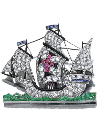 GEM-SET AND DIAMOND BROOCH, 1930S Designed as a clipper ship, decorated with sin...