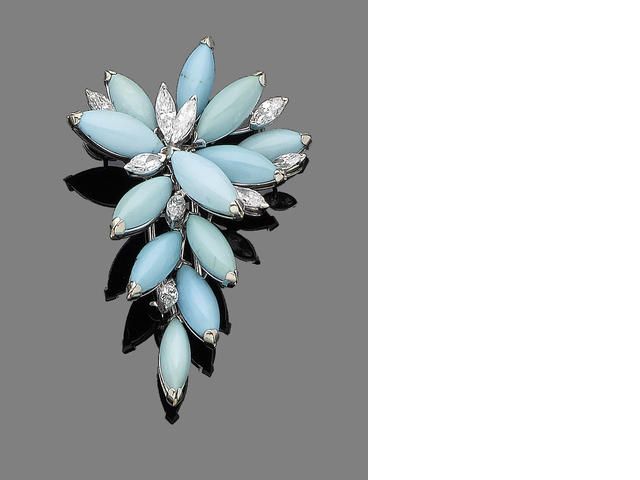 A turquoise and diamond brooch Of foliate design, set throughout with navette-sh...