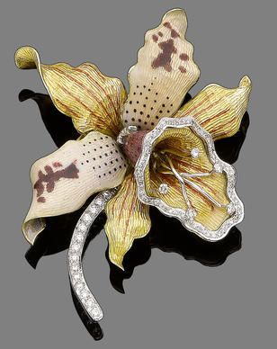 An enamel and diamond brooch Designed as an orchid, the leaves of a yellow-orang...