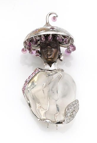 An opal, pink sapphire and diamond blackamoor brooch, Nardi,