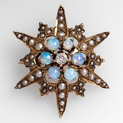 Antique Star Brooch Pin Pendant w/ Diamond Opals  Pearls 14K Gold. This gorgeous...
