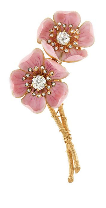 Circa 1890 Antique Gold, Pink Enamel, and Diamond 'American Wild Rose' B...