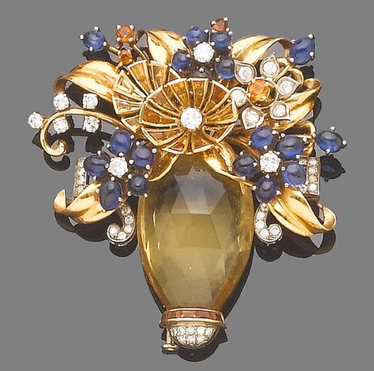 Citrine, Sapphire and Diamond Floral Brooch