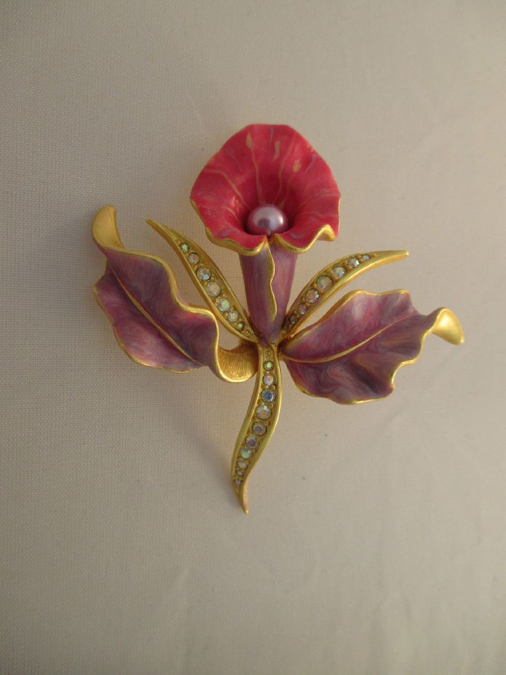 Estate Costume Joan Rivers Purple Pink Orchid Rhinestone Flower Pin Gold Tone | ...