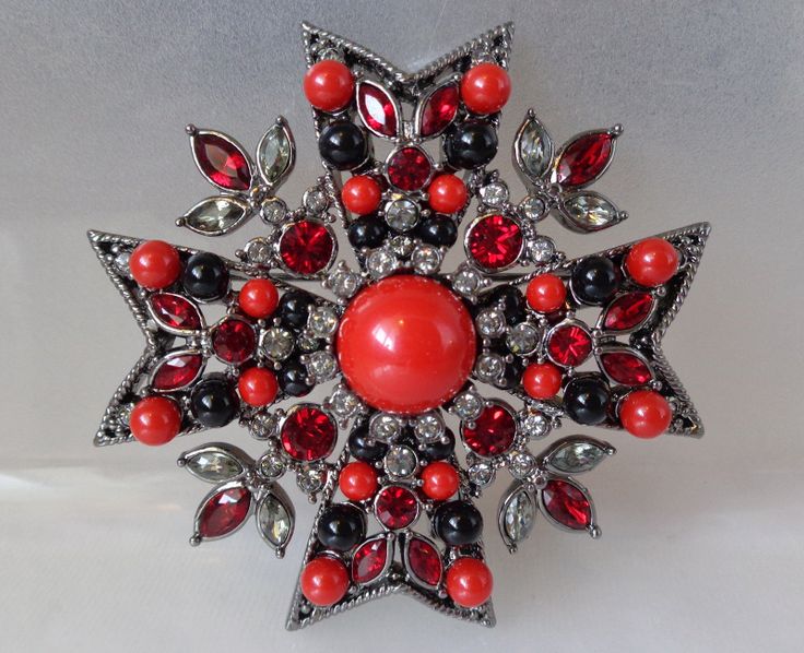 Estate Joan Rivers QVC Crystal Red Black Cabochon Maltese Cross Brooch Pin | eBa...