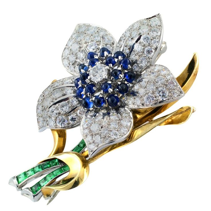 Exquisite Sapphire Emerald Diamond Flower Brooch | From a unique collection of v...