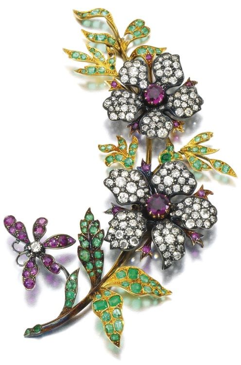 Gem set and diamond floral brooch with emeralds and rubies, late 19th century. V...