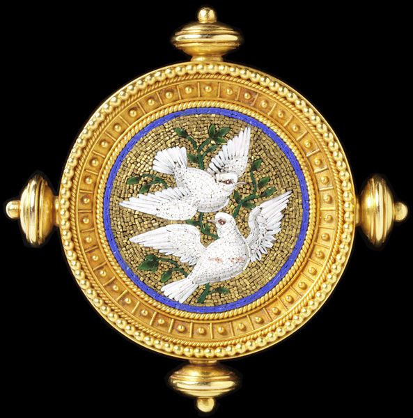 Gold brooch, mounted with a micromosaic of two flying doves, Italy, about 1860. ...