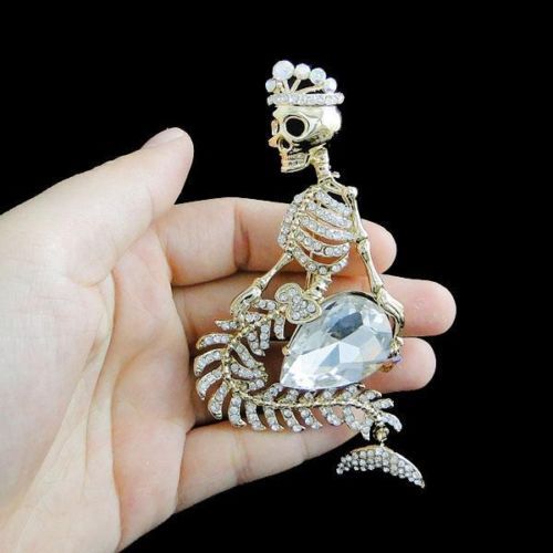 Halloween Mermaid Skull Crown Pin Brooch Clear Rhinestone Crystal Drop | eBay