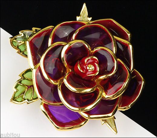 Joan Rivers Floral Red Plique A Jour Enamel Faux Stained Glass Rose Brooch Pin |...