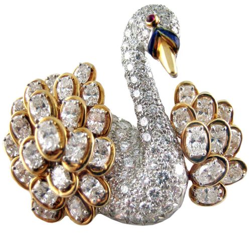 Oscar Heyman Swan Brooch. Platinum and 18 kt. swan pave’-set with approximatel...