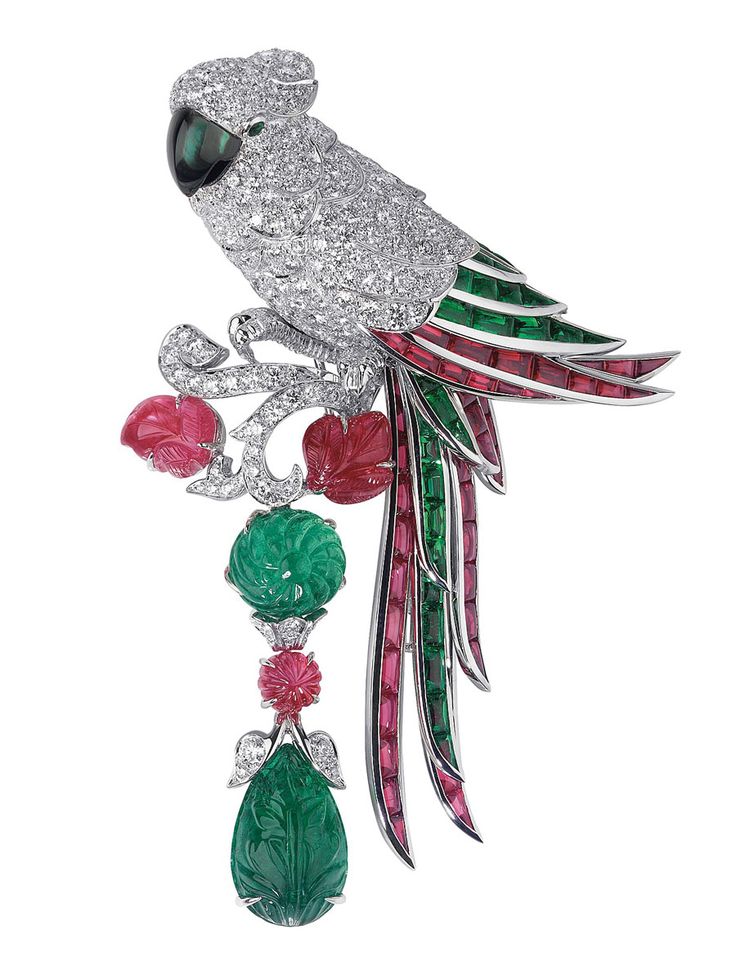 Parrot-motif brooch. Platinum, rubies, emeralds, diamonds. PHOTO: Vincent Wulver...