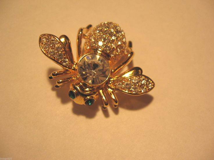 Pin Bee Joan Rivers Clear Stones Green Eyes Goldtone Bumble Bee Brooch Signed | ...