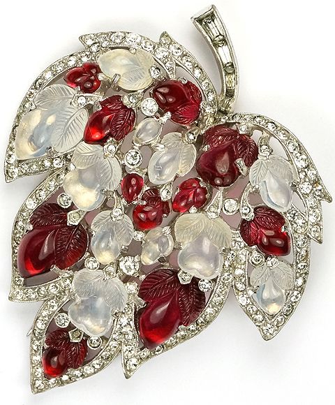 Trifari 'Alfred Philippe' Ruby and Moonstone  Leaf Pin Clip