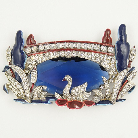 Trifari 'Alfred Philippe' Sapphire Crystal Enamel and Pave Swan Swimming...