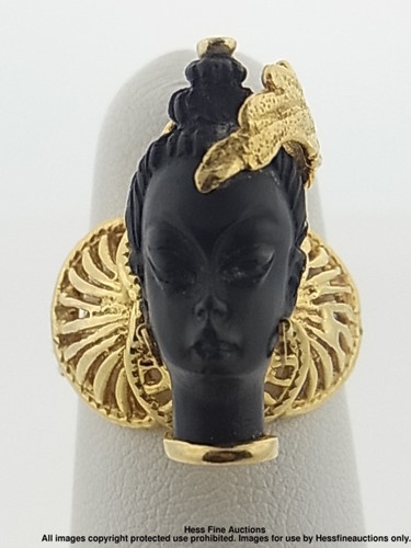 Vintage 18k Gold Fine Carved Jet Blackamoor Bust Moving Ladies Ring